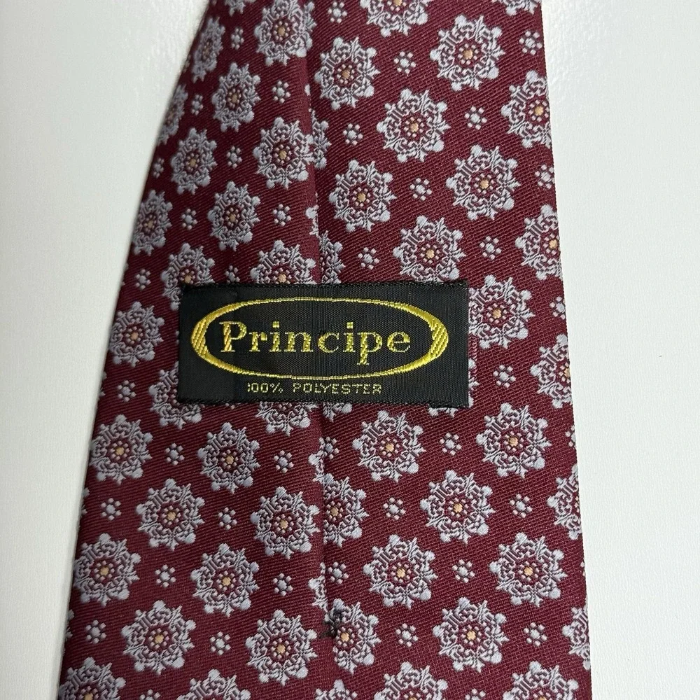 Principe Burgundy Necktie Repeating Floral Medallion Pattern Silver And Grey